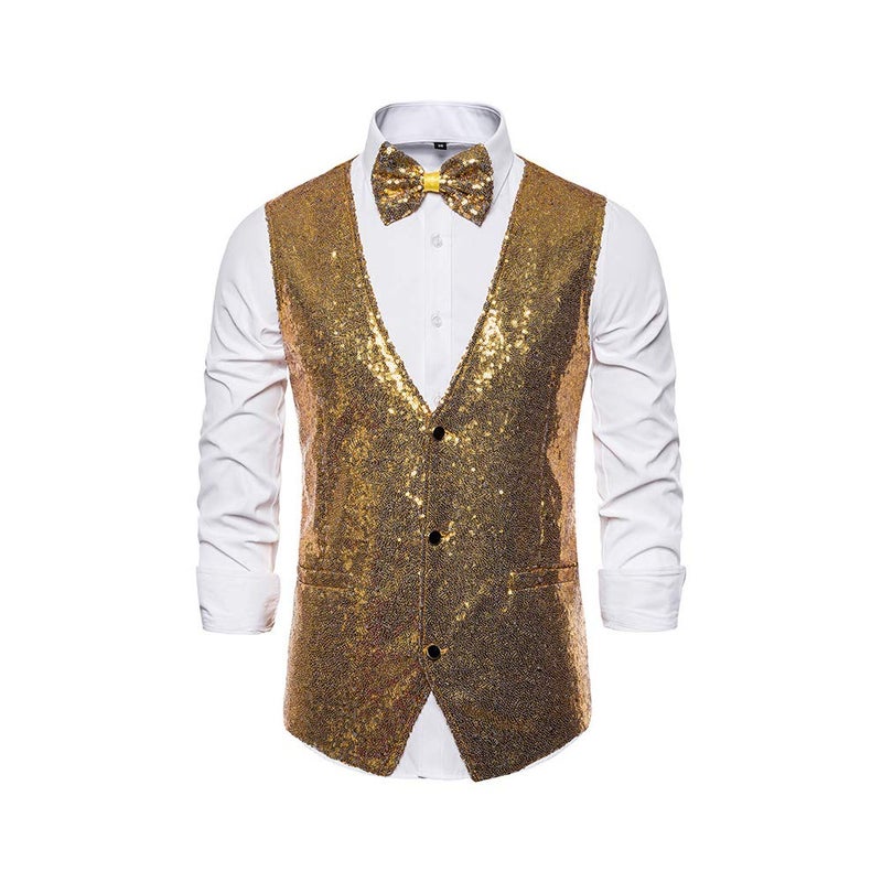 Catheive Men's Sequin Vest Shiny Suit Vest V-Neck Party Dress Waistcoat with Bowtie - Image 1